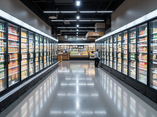 商用制冷设备展示，现代化商用冷柜产品，商业环境背景